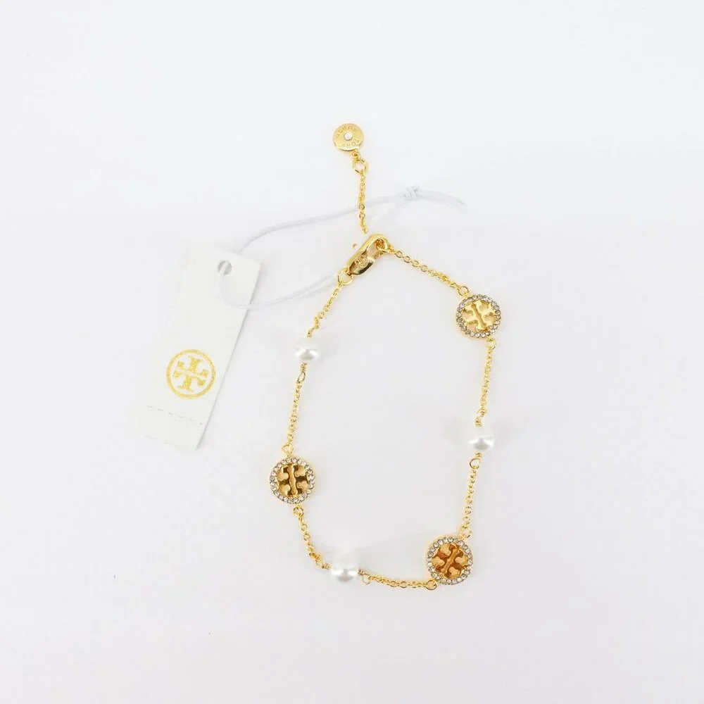 Tory Burch Crystal Logo & Imitation Pearl Station Bracelet Ivory/Tory Gold OS